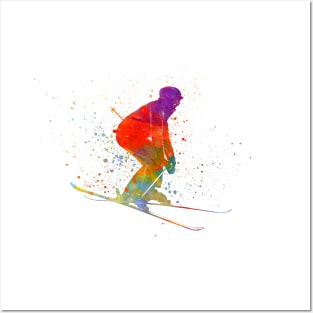 Woman skier skiing jumping  in watercolor Posters and Art